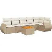 vidaXL Matgrupp för trädgården med dynor 7 delar beige konstrotting