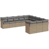 vidaXL Loungegrupp för trädgården m. dynor 11 delar beige konstrotting