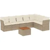 vidaXL Matgrupp för trädgården med dynor 8 delar beige konstrotting