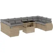 vidaXL Loungegrupp för trädgården m. dynor 11 delar beige konstrotting