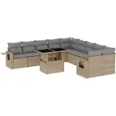 vidaXL Loungegrupp för trädgården m. dynor 11 delar beige konstrotting