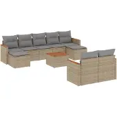 vidaXL Soffgrupp för trädgård med dynor 10 delar mixbeige konstrotting
