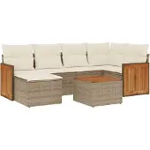 vidaXL Matgrupp för trädgården med dynor 7 delar beige konstrotting