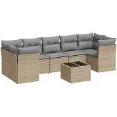 vidaXL Matgrupp för trädgården med dynor 8 delar beige konstrotting