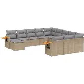 vidaXL Loungegrupp för trädgården m. dynor 11 delar beige konstrotting
