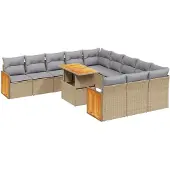 vidaXL Loungegrupp för trädgården m. dynor 11 delar beige konstrotting