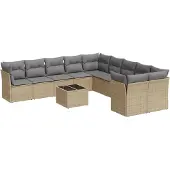 vidaXL Loungegrupp för trädgården m. dynor 11 delar beige konstrotting