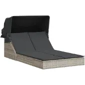 vidaXL Dubbel chaise longue med markis och ljusgrå kuddar rotting 368642