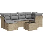 vidaXL Matgrupp för trädgården med dynor 7 delar beige konstrotting