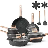 Vevor 17-delat kastrull- och stekpannset med nonstickbeläggning, kokkärl i granit, induktionskokkärl, kokkärl för husbilar med stekning, sås och sauté, lock i härdat glas och stekpannskydd, svart