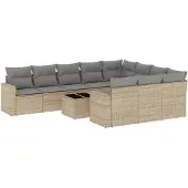 vidaXL Loungegrupp för trädgården m. dynor 11 delar beige konstrotting