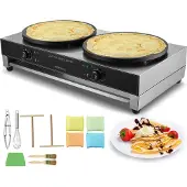 Vevor elektrisk crêpemaskin, 16-tums kommersiell crêpemaskin med dubbla huvuden, 6000W platt crêpe-stekplatta, nonstick-beläggning i rostfritt stål, rund pannkaksugn för flingor, temperaturkontroll