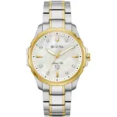 Bulova Marine Star Tvåtonigt Rostfritt Stål Diamantaccenter Pärlemorsurtavla Kvarts 98P227 100M Damklocka mor av pärla färg