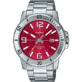 Casio herrklocka Silver med röd urtavla Vattentålig 50 m i rostfritt stål –mtp-vd01d-4bvudf