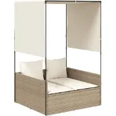 vidaXL Dubbel solsäng med tak och dynor beige konstrotting