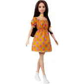 Barbie Fashionistas Docka #160 med Lång Brunett Hår i Mönstrad Orange Klänning