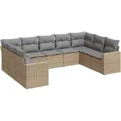 vidaXL Soffgrupp för trädgården med dynor 9 delar beige konstrotting