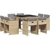 vidaXL Matgrupp för trädgården med dynor 9 delar mixbeige konstrotting