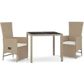 vidaXL Matgrupp för trädgården 3 delar med dynor beige konstrotting
