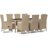vidaXL Matgrupp för trädgården med dynor 9 delar beige konstrotting