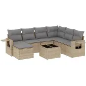 vidaXL Matgrupp för trädgården med dynor 8 delar beige konstrotting