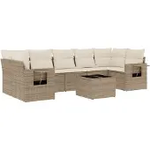 vidaXL Matgrupp för trädgården med dynor 8 delar beige konstrotting