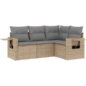 vidaXL Soffgrupp för trädgård med dynor 4 delar beige konstrotting