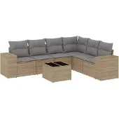 vidaXL Matgrupp för trädgården med dynor 7 delar beige konstrotting