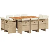 vidaXL Matgrupp för trädgården med dynor 11 delar beige konstrotting