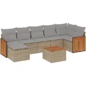 vidaXL Matgrupp för trädgården med dynor 8 delar beige konstrotting
