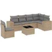 vidaXL Matgrupp för trädgården med dynor 7 delar beige konstrotting