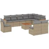 vidaXL Loungegrupp för trädgården m. dynor 11 delar beige konstrotting