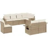 vidaXL Matgrupp för trädgården med dynor 8 delar beige konstrotting