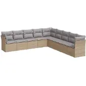 vidaXL Soffgrupp för trädgården med dynor 9 delar beige konstrotting