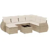 vidaXL Matgrupp för trädgården med dynor 8 delar beige konstrotting