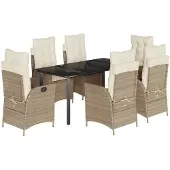 vidaXL Matgrupp för trädgården med dynor 7 delar beige konstrotting