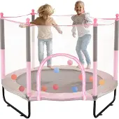Vevor 60" barnstudsmatta, 1,5 meter inomhus- och utomhusstudsmatta, mini-studsmatta för småbarn med säkerhetsnät och basketkorg, födelsedagspresenter, julleksaker för barn från 3 år, rosa