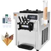 Vevor Kommersiell glassmaskin, 18–28 l/h kapacitet, 1650 W mjukglassmaskin med 3 smaker för bänkskiva, 2 x 5,5 l cylinder i rostfritt stål, LED-panel med automatisk rengöring och förkylning, för resta