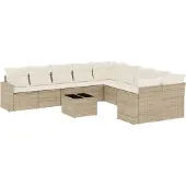 vidaXL Loungegrupp för trädgården m. dynor 11 delar beige konstrotting