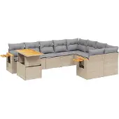 vidaXL Soffgrupp för trädgård med dynor 10 delar beige konstrotting