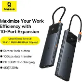 Baseus Metal Gleam II 10-i-1 HDMI, USB-A, USB-C, RJ45, SD/TF-hub – grå