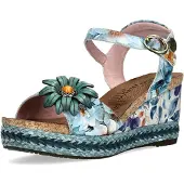 LAURA VITA Dam Facyo 75 Blå Blommiga Läderkil Espadrill Sandaler