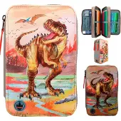Dino World Triple Pencil Case LED Khaki Brown