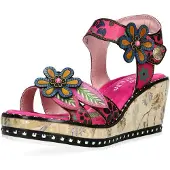 LAURA VITA Dam Ballon 08 Fuchsia Rosa Blommiga Läderkil Espadrill Sandaler