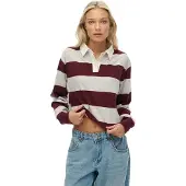 Superdry för kvinnor. W6012175A Polo Stripe Rugby grå, vinröd (M), Casual, Bomull, Lång ärm