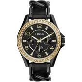 Fossil Riley Svart urtavla Svart läderarmband Klocka för damer ES3696 svart