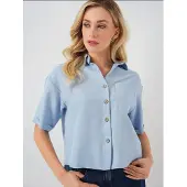 Bigdart Linneblandad kortärmad knäppblus crop shirt