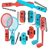 Hurtel familjetillbehörspaket 10-i-1 för Nintendo Switch Sports – röd och blå