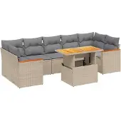 vidaXL Matgrupp för trädgården med dynor 8 delar beige konstrotting