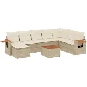 vidaXL Matgrupp för trädgården med dynor 8 delar beige konstrotting